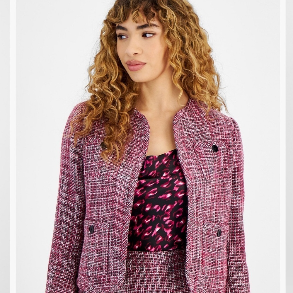 Bar III XXL Women's Tweed Patch-Pocket Kissing Jacket Pink Black White Career